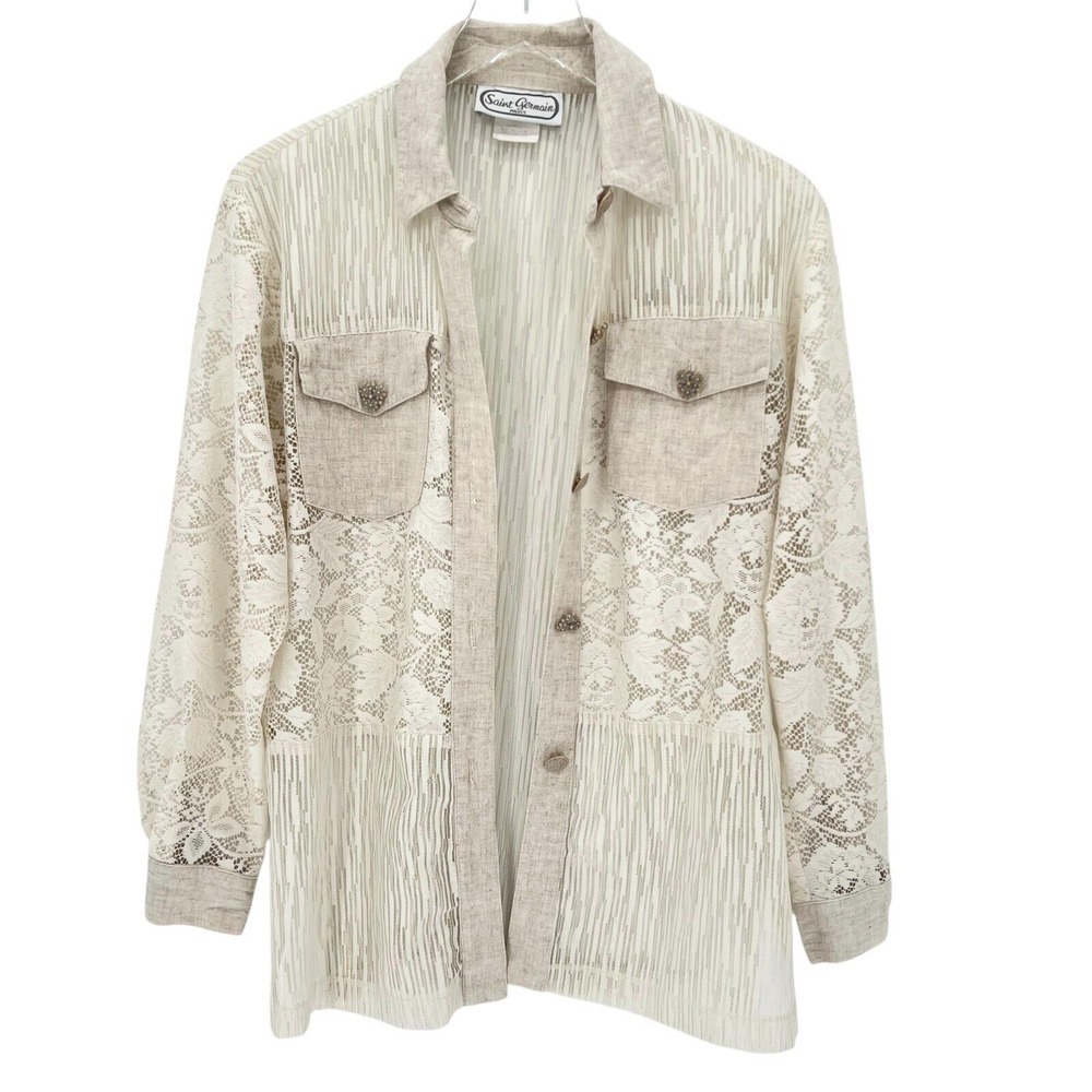 Vintage Saint Germain Paris Lace Button Up Size S Linen Blend Coastal Cowgirl‎